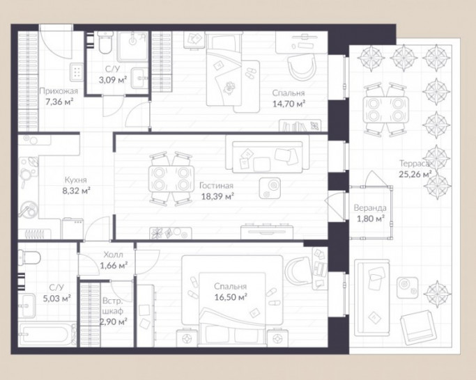 Трёхкомнатная квартира 87.4 м²