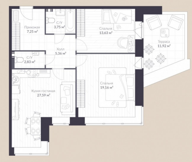 Трёхкомнатная квартира 83.2 м²