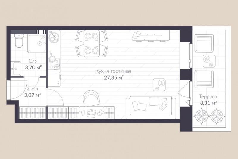 Студия 36.6 м²