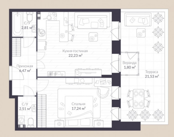 Однокомнатная квартира 59.5 м²