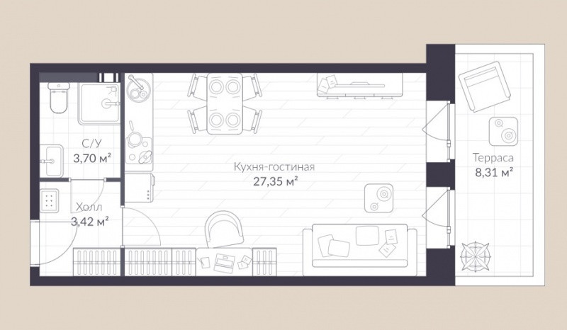 Студия 36.9 м²