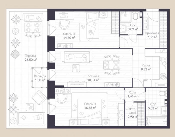 Трёхкомнатная квартира 87.8 м²