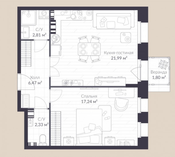 Однокомнатная квартира 55.9 м²