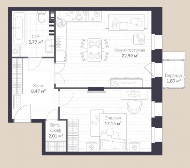 Однокомнатная квартира 58.2 м²