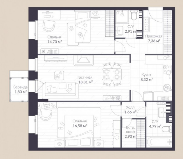 Трёхкомнатная квартира 79.4 м²