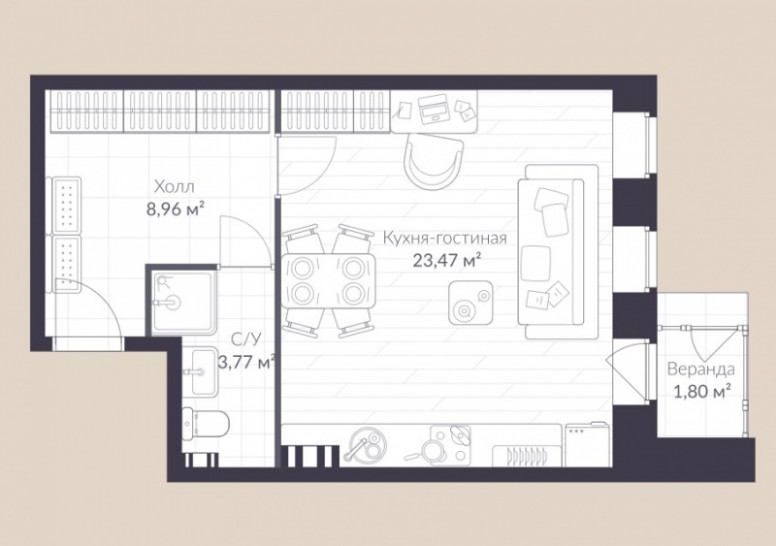 Студия 38.1 м²
