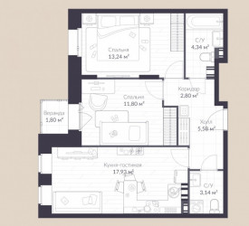 Трёхкомнатная квартира 60.5 м²