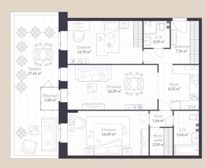 Трёхкомнатная квартира 88.1 м²